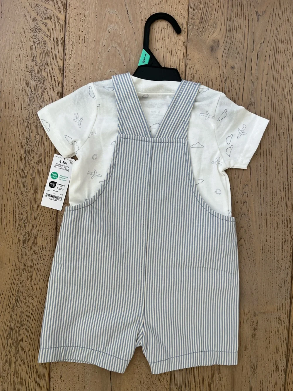 Carter’s Shortall Overall Set Navy Stripe Airplane 6-9 months Baby Boy Summer